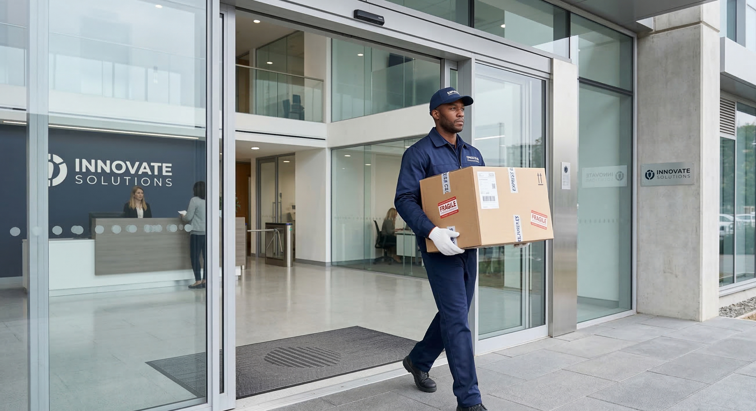 A uniformed courier wearing white gloves carries a fragile-labelled cardboard box through the automatic glass doors of a modern corporate office building.