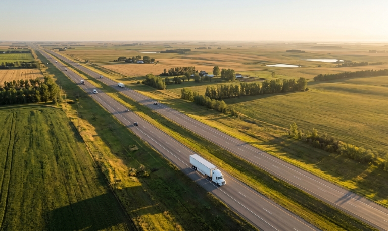 An aerial view of a white semi-truck with bold red and blue WDX branding driving on a highway through the vast Alberta prairie landscape at dawn.