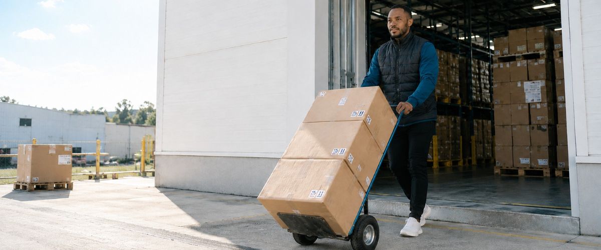 A warehouse worker in a dark quilted vest and blue long-sleeved shirt operates a hand truck loaded with three stacked cardboard shipping boxes, moving them out of a warehouse loading dock marked with a large white "5." The worker navigates the concrete loading area in front of an industrial warehouse facility, with visible inventory and pallets organized in the background under clear skies. The scene exemplifies the hands-on logistics and physical fulfillment operations that power ecommerce fulfillment solutions, showcasing the final stages of order processing and package preparation for shipment from a distribution center.