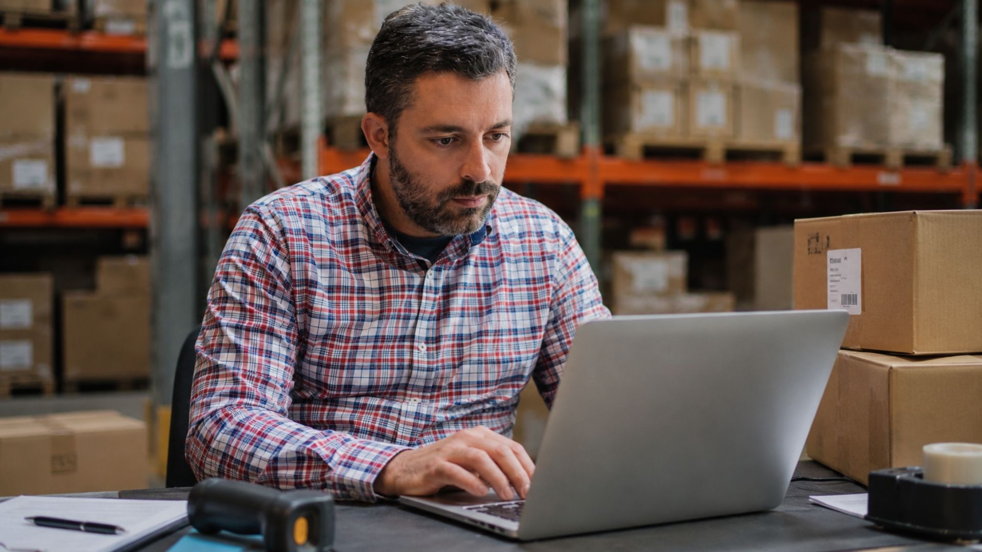 A focused warehouse professional in a red and white plaid shirt works at a desk in a fulfillment center, intently reviewing ecommerce fulfillment solutions on a laptop. Cardboard shipping boxes with shipping labels are stacked on the table beside him, alongside a barcode scanner and administrative paperwork. Behind him, rows of industrial metal shelving stretch across the warehouse, laden with numerous packed boxes ready for shipment. The scene captures the operational oversight and digital coordination essential to modern ecommerce fulfillment solutions.