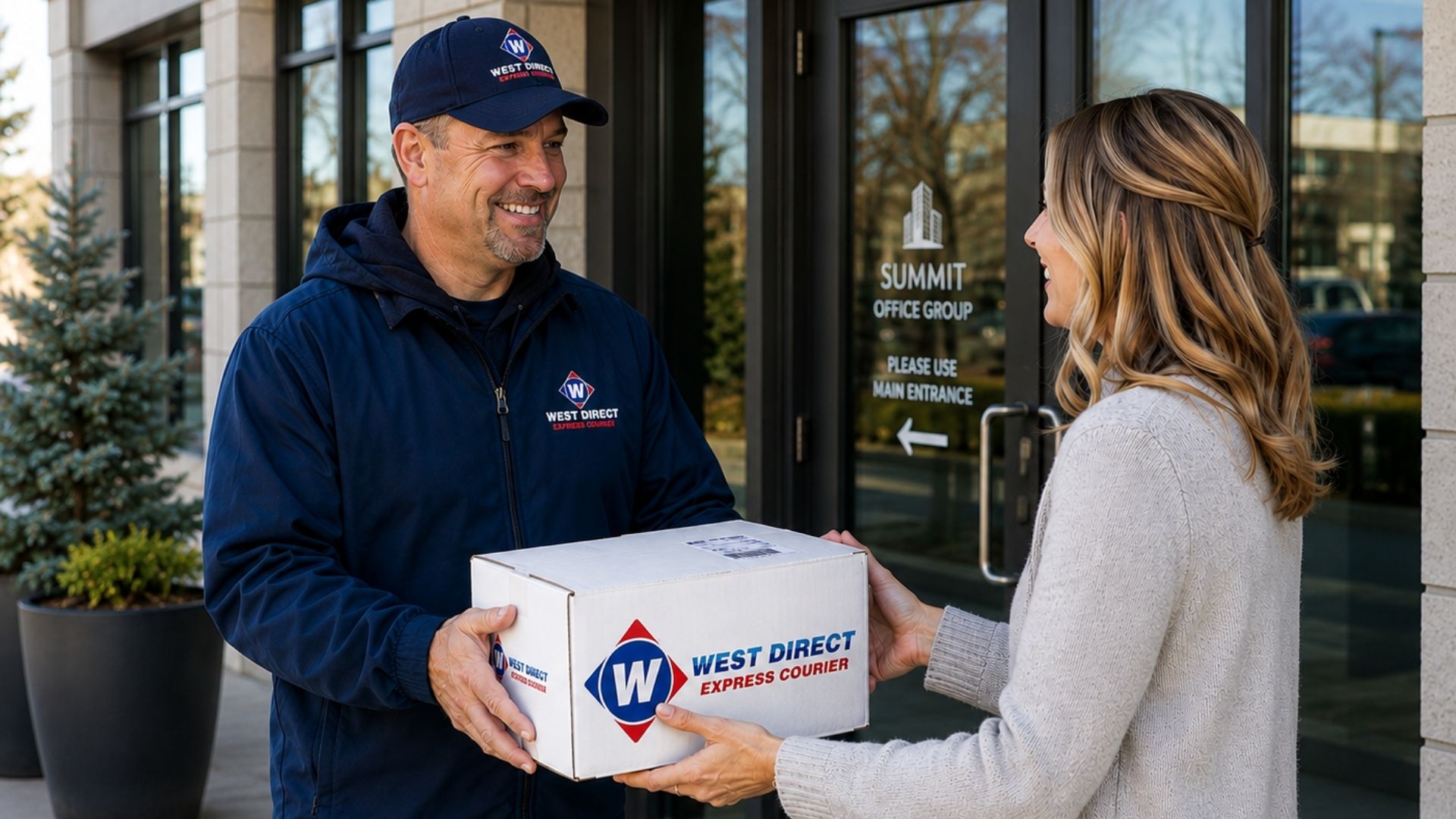 WDX courier driver completing a rush delivery in Calgary, handing a package directly to a client at their office entrance.