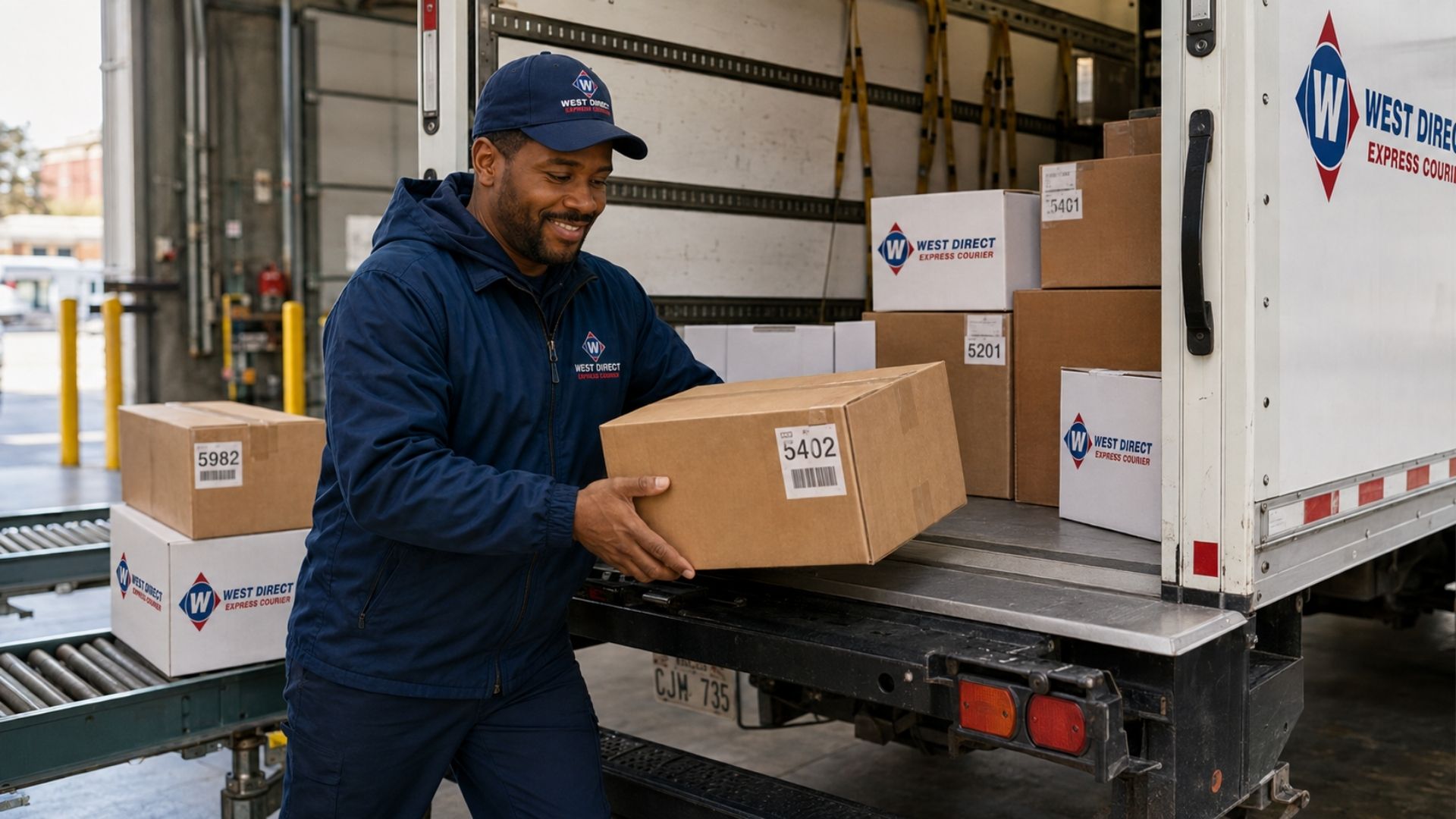Courier loading a labelled box into a West Direct truck during product distribution.