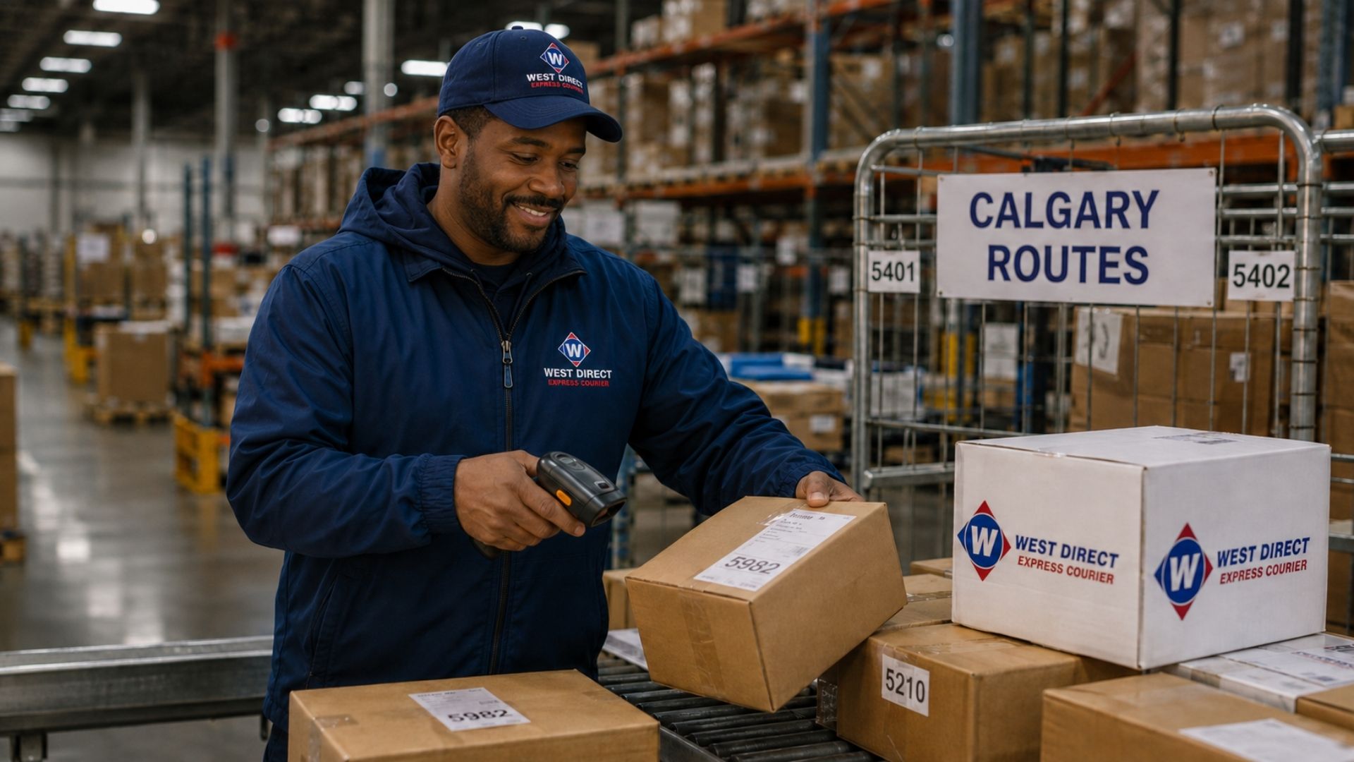 WDX sortation facility worker scanning and sorting packages for Calgary delivery routes.